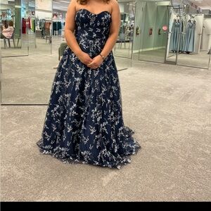 David's Bridal Strapless Navy Floral Gown
